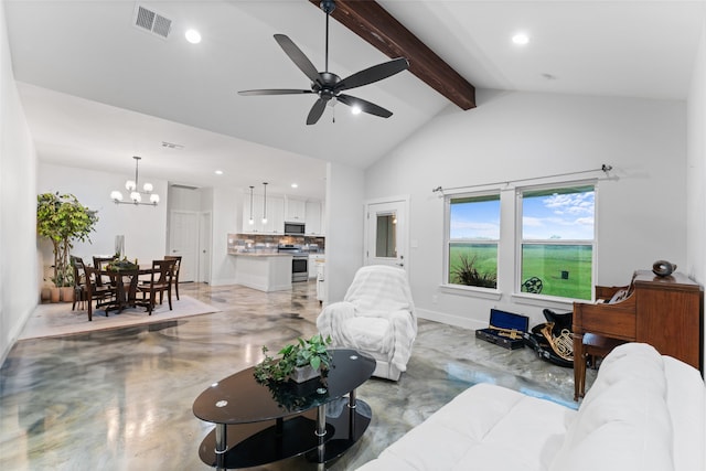 555 Advance Rd, Weatherford, TX 76088 - living room featuring beam ceiling, concrete floors, recessed lighting, a ceiling fan, and a chandelier