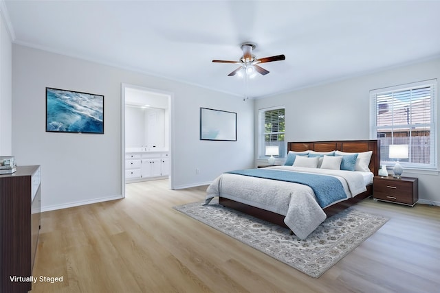 609 W Windsor Dr, Denton, TX 76207 - bedroom featuring light wood-type flooring, baseboards, ornamental molding, connected bathroom, and a ceiling fan
