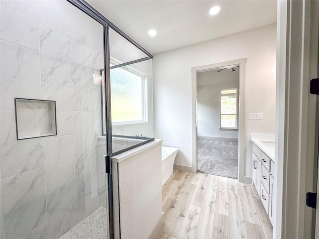 196 Jim Walter Dr, Runaway Bay, TX 76426 - full bath featuring a shower stall, wood finished floors, a soaking tub, vanity, and recessed lighting