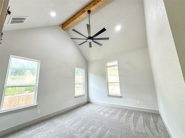 196 Jim Walter Dr, Runaway Bay, TX 76426 - empty room with beam ceiling, a ceiling fan, baseboards, carpet floors, and high vaulted ceiling