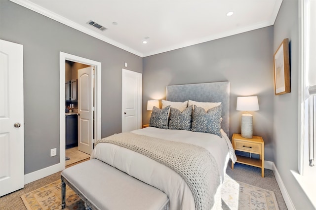 bedroom with light carpet, baseboards, crown molding, and recessed lighting