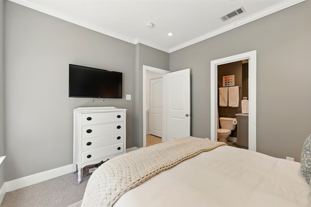 carpeted bedroom featuring ornamental molding, baseboards, ensuite bath, and recessed lighting
