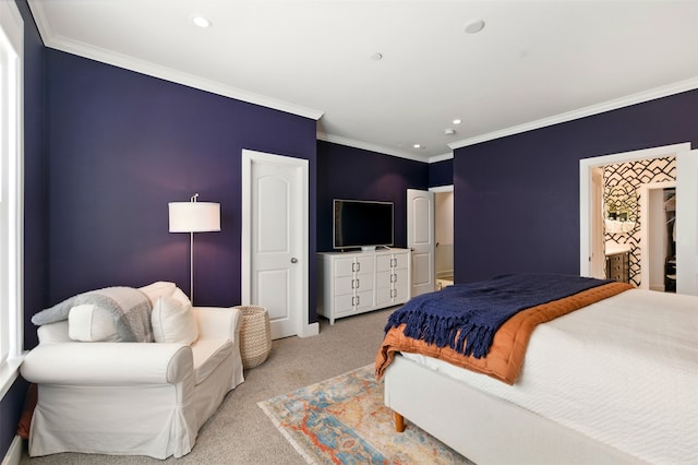 carpeted bedroom featuring crown molding and recessed lighting