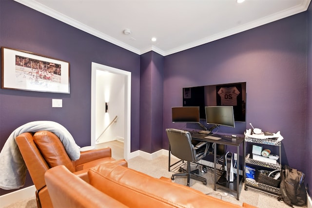carpeted office space featuring baseboards, ornamental molding, and recessed lighting