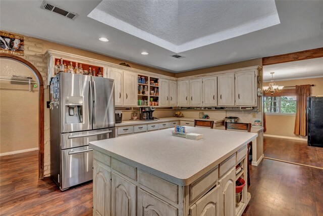 116 Nottingham Cir, Bridgeport, TX 76426 - kitchen featuring stainless steel refrigerator with ice dispenser, baseboards, freestanding refrigerator, dark wood-style flooring, and recessed lighting