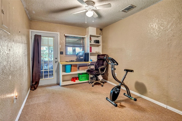116 Nottingham Cir, Bridgeport, TX 76426 - office with a textured wall, carpet floors, a textured ceiling, baseboards, and ceiling fan