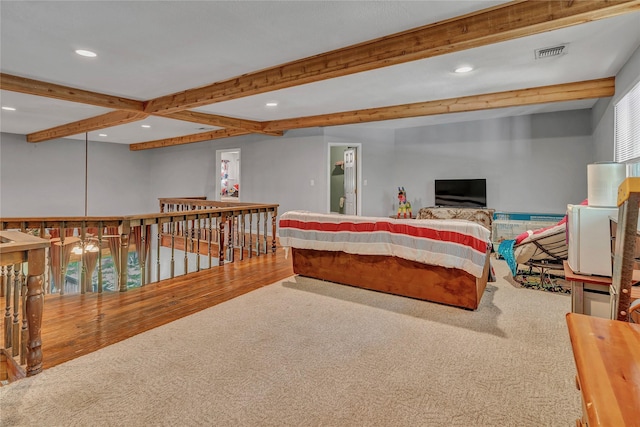 116 Nottingham Cir, Bridgeport, TX 76426 - bedroom with recessed lighting, beam ceiling, wood finished floors, and carpet floors