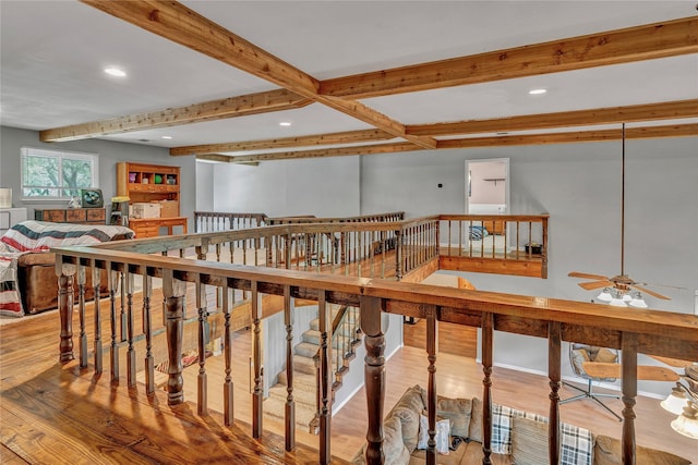 116 Nottingham Cir, Bridgeport, TX 76426 - misc room featuring wood finished floors, beam ceiling, a ceiling fan, an upstairs landing, and recessed lighting