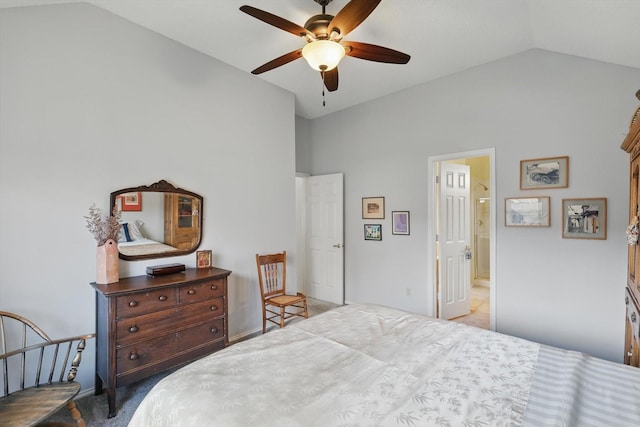 bedroom featuring lofted ceiling, carpet flooring, ceiling fan, and connected bathroom