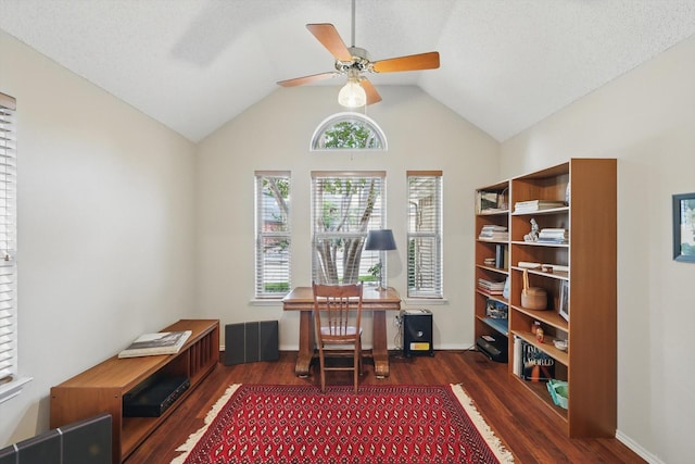 home office featuring a ceiling fan, plenty of natural light, lofted ceiling, and wood finished floors