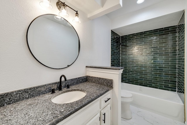 5129 Woodmeadow Ct, Garland, TX 75043 - full bathroom with toilet, vanity, marble finish flooring, and shower / tub combination