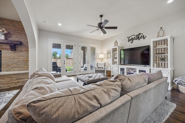 580 Butchart Dr, Prosper, TX 75078 - living area with a ceiling fan, recessed lighting, dark wood-style flooring, and baseboards