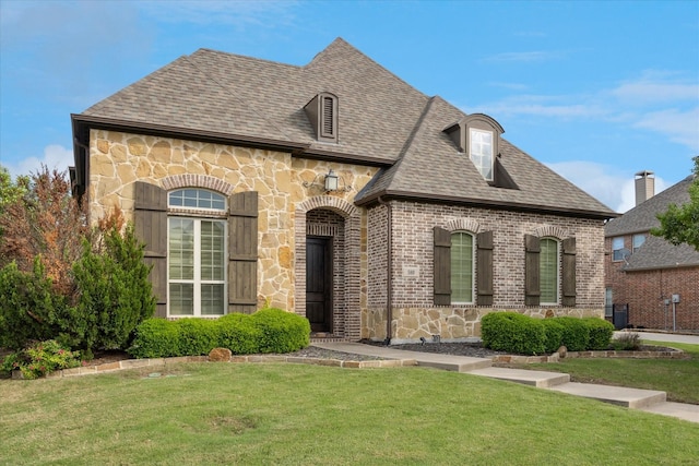 french country inspired facade featuring stone siding, a front yard, brick siding, and roof with shingles