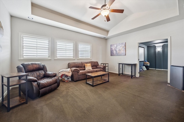 580 Butchart Dr, Prosper, TX 75078 - carpeted living room featuring a ceiling fan, lofted ceiling, and baseboards