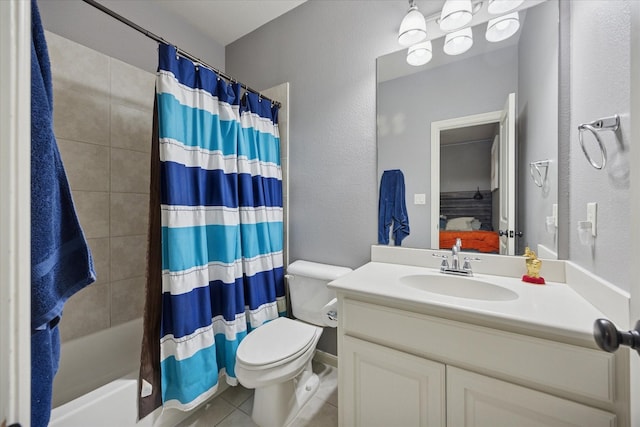 580 Butchart Dr, Prosper, TX 75078 - full bath with tile patterned floors, toilet, vanity, ensuite bath, and shower / bath combo with shower curtain