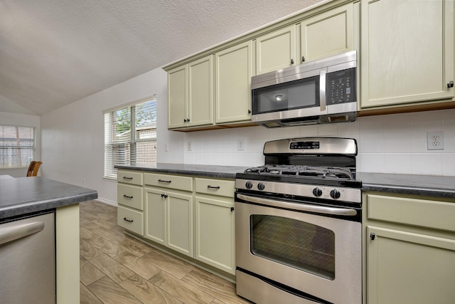 6717 Red Rock Trl, Watauga, TX 76137 - kitchen with stainless steel appliances, dark countertops, tasteful backsplash, vaulted ceiling, and a textured ceiling