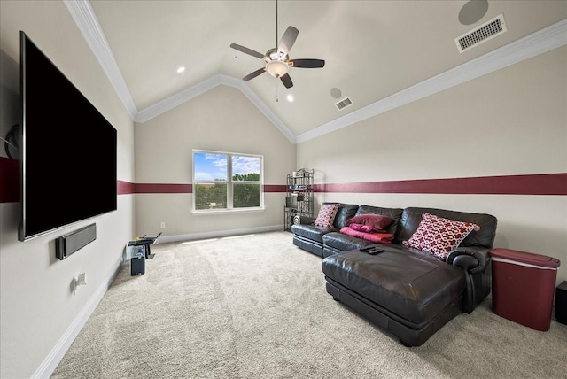carpeted living room featuring a ceiling fan, baseboards, vaulted ceiling, and crown molding
