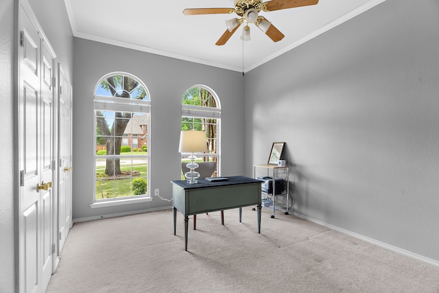 2830 Faversham Dr, Richardson, TX 75082 - office space with light colored carpet, ornamental molding, a ceiling fan, and baseboards