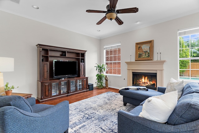 2830 Faversham Dr, Richardson, TX 75082 - living area featuring wood finished floors, a ceiling fan, a lit fireplace, recessed lighting, and ornamental molding