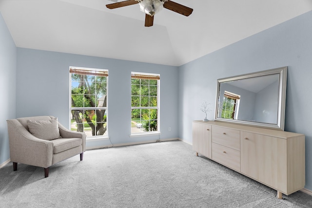 2830 Faversham Dr, Richardson, TX 75082 - living area featuring light colored carpet, vaulted ceiling, ceiling fan, and baseboards