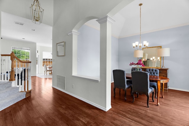 2830 Faversham Dr, Richardson, TX 75082 - dining room with ornate columns, wood finished floors, arched walkways, baseboards, and a chandelier