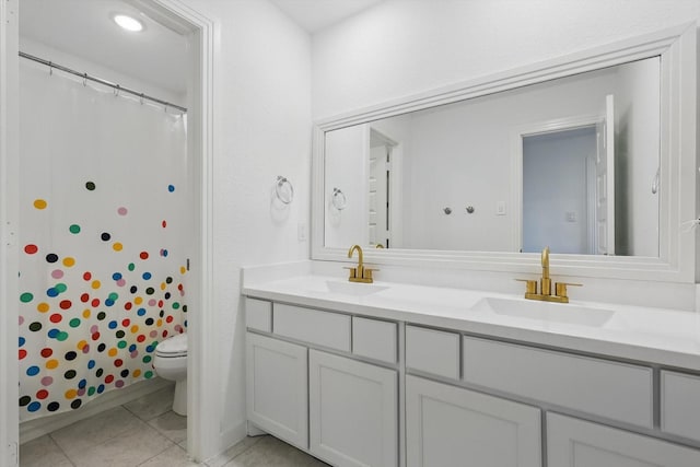 1606 Dreamers Way, Wylie, TX 75098 - bathroom with toilet, double vanity, tile patterned flooring, and a shower with shower curtain