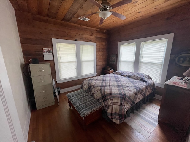 bedroom featuring wood ceiling, wood finished floors, wood walls, a ceiling fan, and baseboards