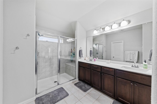 239 Springwood Ranch Loop, Springtown, TX 76082 - bathroom with tile patterned flooring, double vanity, and a shower stall