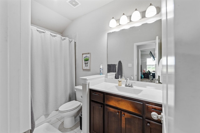 239 Springwood Ranch Loop, Springtown, TX 76082 - full bath featuring toilet, vanity, lofted ceiling, and tile patterned flooring