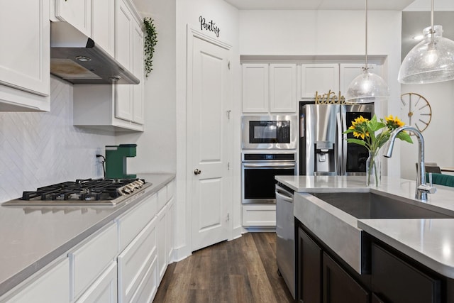 1124 Queensdown Way, Forney, TX 75126 - kitchen with stainless steel appliances, a sink, under cabinet range hood, dark wood finished floors, and backsplash