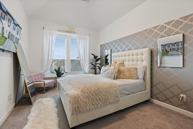 1124 Queensdown Way, Forney, TX 75126 - bedroom featuring light carpet, lofted ceiling, baseboards, and wallpapered walls
