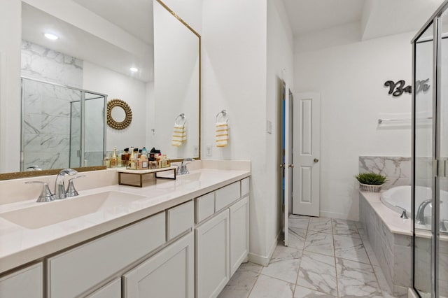 1124 Queensdown Way, Forney, TX 75126 - bathroom featuring marble finish flooring, a marble finish shower, a garden tub, double vanity, and baseboards
