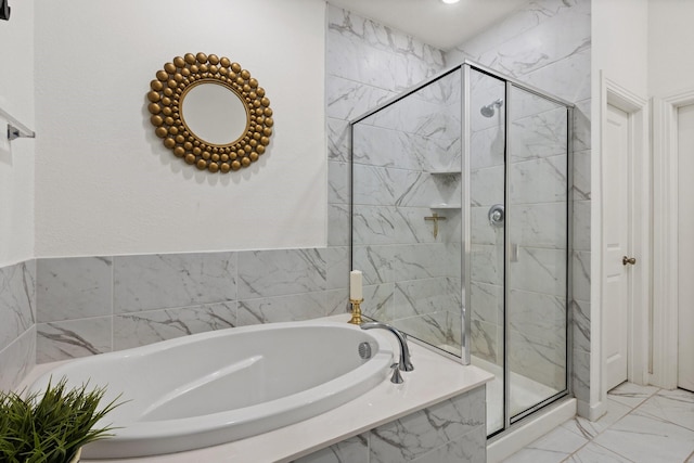 1124 Queensdown Way, Forney, TX 75126 - bathroom featuring a garden tub, a shower stall, and marble look tile flooring