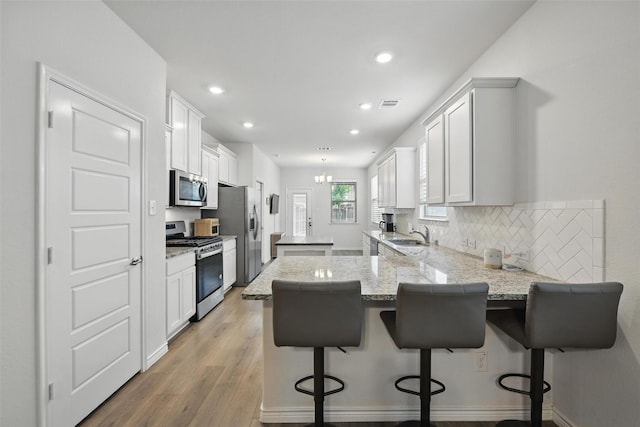 kitchen with stainless steel appliances, decorative backsplash, white cabinets, a peninsula, and recessed lighting