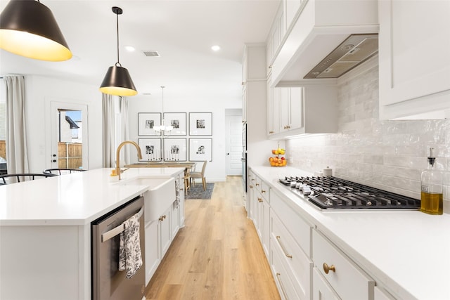 3545 W Cheney Ave, Celina, TX 75009 - kitchen with appliances with stainless steel finishes, custom range hood, light wood-style floors, backsplash, and light countertops