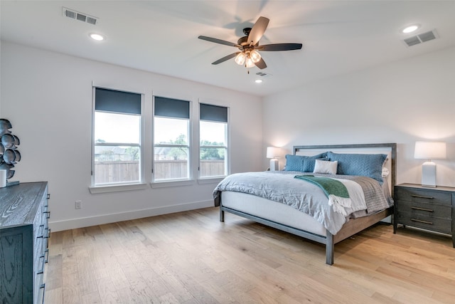 bedroom featuring light wood-type flooring, baseboards, and ceiling fan