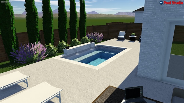 view of pool with a mountain view, a jacuzzi, fence, and a patio