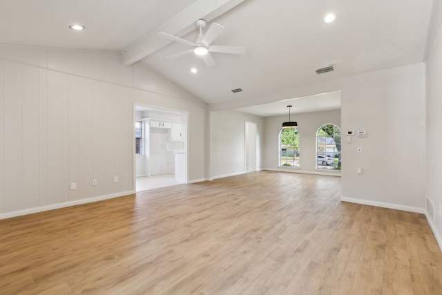 unfurnished living room featuring light wood-style flooring, ceiling fan, baseboards, and recessed lighting