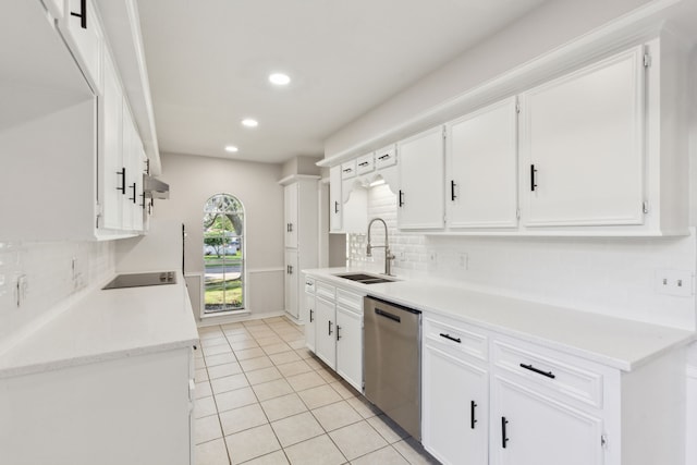 kitchen with dishwasher, a sink, decorative backsplash, light tile patterned floors, and recessed lighting