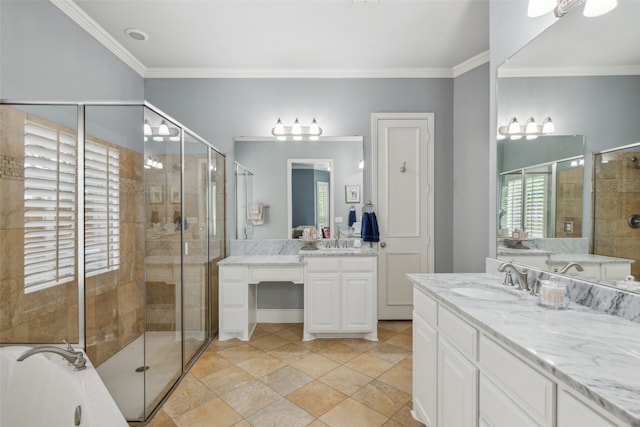 5063 Stillwater Trl, Frisco, TX 75034 - full bath featuring a shower stall, two vanities, a bath, and crown molding