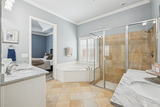 5063 Stillwater Trl, Frisco, TX 75034 - full bathroom featuring ornamental molding, a shower stall, vanity, a garden tub, and connected bathroom