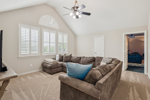 5063 Stillwater Trl, Frisco, TX 75034 - carpeted living area featuring ceiling fan, vaulted ceiling, and baseboards
