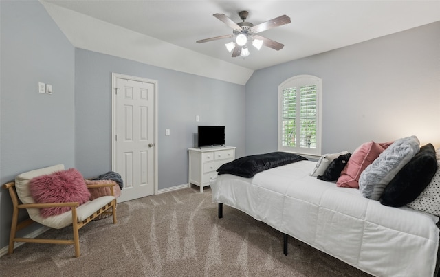 5063 Stillwater Trl, Frisco, TX 75034 - carpeted bedroom with lofted ceiling, baseboards, and a ceiling fan