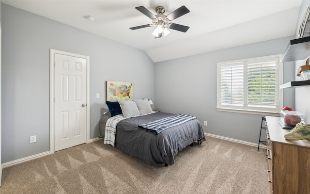 5063 Stillwater Trl, Frisco, TX 75034 - bedroom with light carpet, lofted ceiling, baseboards, and a ceiling fan