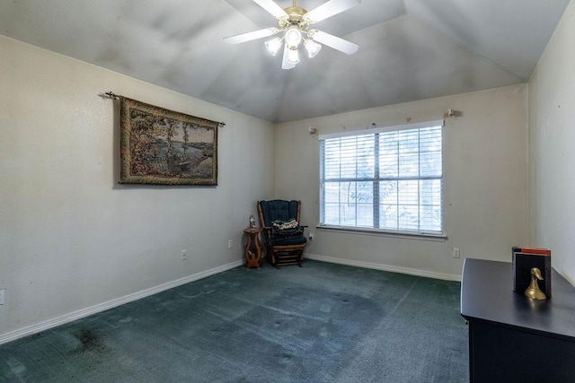 600 Hanover Dr, Waxahachie, TX 75165 - living area with dark colored carpet, a ceiling fan, and vaulted ceiling
