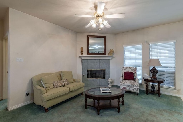600 Hanover Dr, Waxahachie, TX 75165 - living room with carpet floors, ceiling fan, and a tile fireplace
