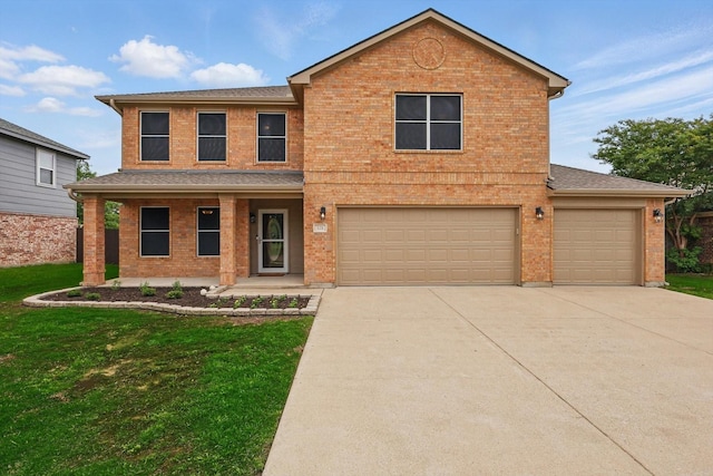 traditional home with driveway, brick siding, a front lawn, a porch, and an attached garage