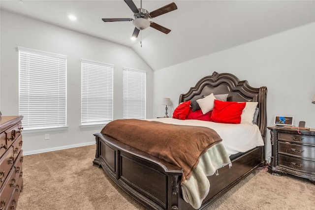 7225 Tesoro Trl, Fort Worth, TX 76131 - bedroom with light colored carpet, vaulted ceiling, baseboards, and a ceiling fan