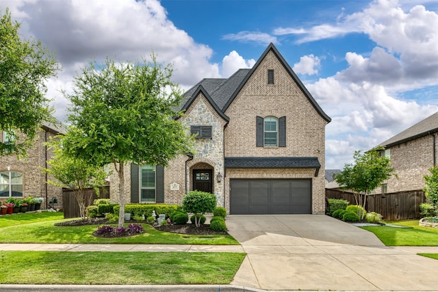 16175 Barton Creek Ln, Frisco, TX 75033 - french country inspired facade with brick siding, an attached garage, and driveway