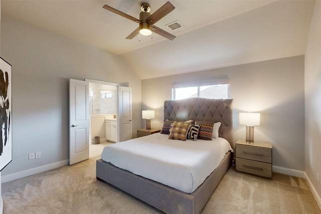 16175 Barton Creek Ln, Frisco, TX 75033 - bedroom featuring lofted ceiling, baseboards, carpet flooring, ensuite bathroom, and a ceiling fan